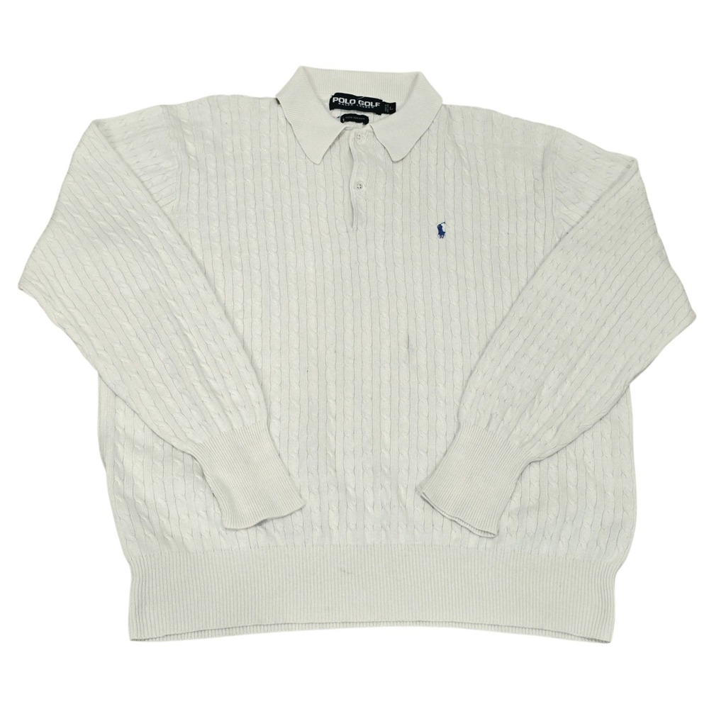 Polo Golf Ralph Lauren Mens L Cable Knit Polo Sweater Cream 100% Cotton Pony